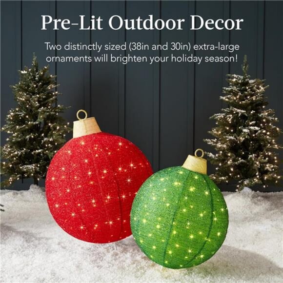 2pc Lighted Pop-Up Outdoor Christmas Ornament Set, Holiday Ball Decoration - Picture 2 of 7